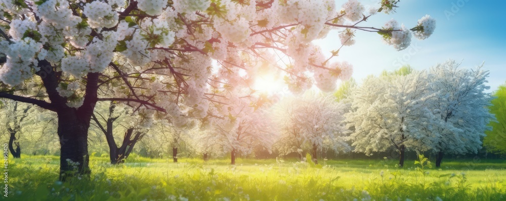 Blooming trees, a beautiful spring landscape. AI generated.
