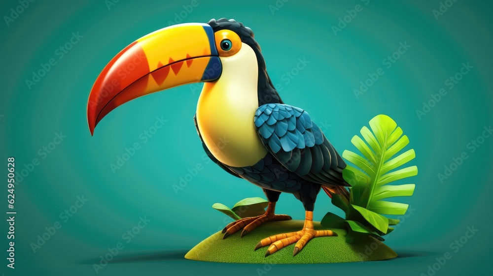Fototapeta premium Colorful toucan with its vibrant beak, 3D cartoon style. Generative AI