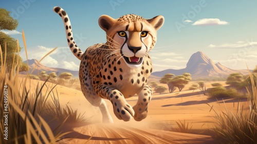 Graceful cheetah sprinting through the savannah, 3D cartoon style. Generative AI