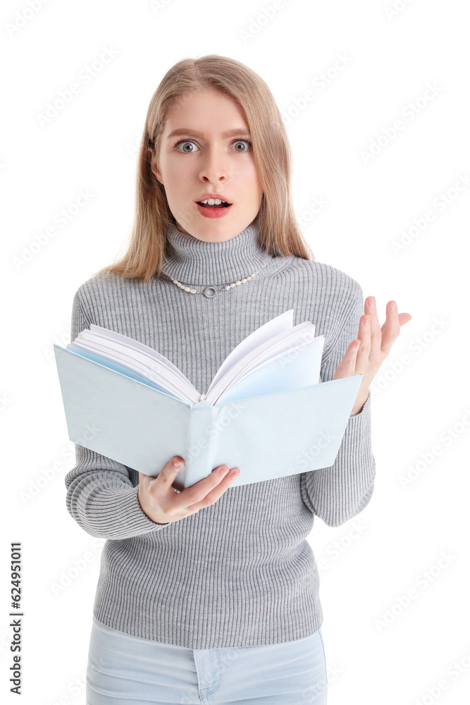 Shocked young woman reading book on white background Shocked young woman reading book on white background
