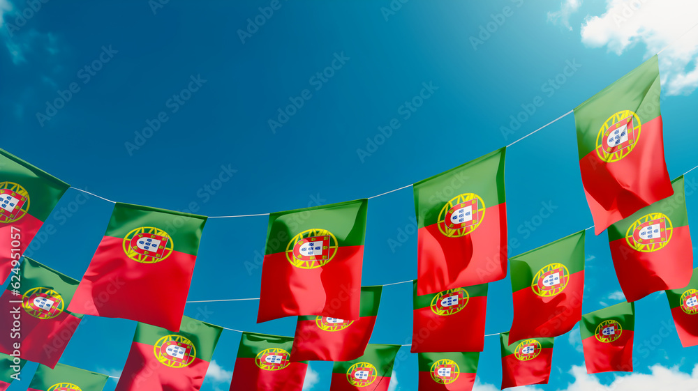 Flag of Portugal against the sky, flags hanging vertically