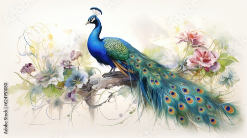 Magnificent peacock, resplendent in vibrant plumage, spreads its iridescent feathers in a dazzling display, captivating all who behold, formidable vintage style. Generative AI