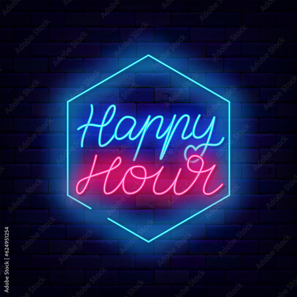 Happy hour neon lettering sign. Honeycomb frame. Handwritten quote. Vector stock illustration