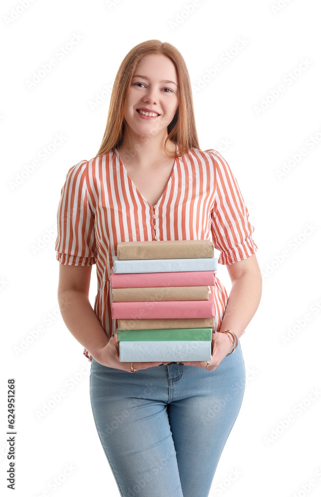 Teenage girl with stack of books on white background Teenage girl with stack of books on white background