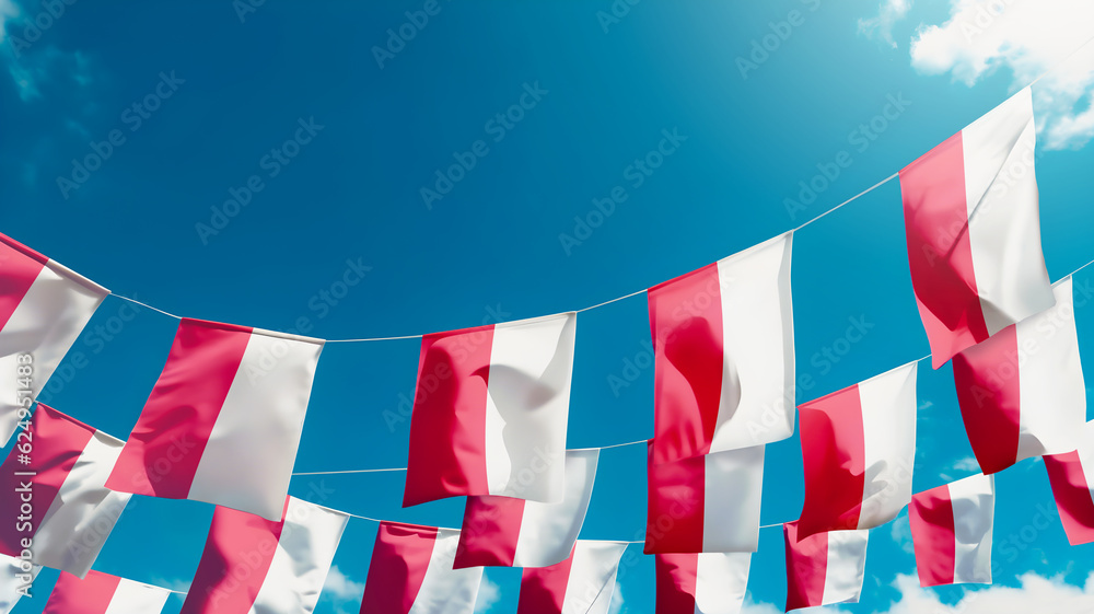 Flag of Poland against the sky, flags hanging vertically