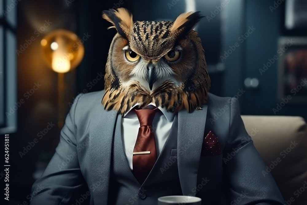 The Wise CEO: A portrait of an owl in a formal business suit at the office, generative AI The Wise CEO: A portrait of an owl in a formal business suit at the office, generative AI