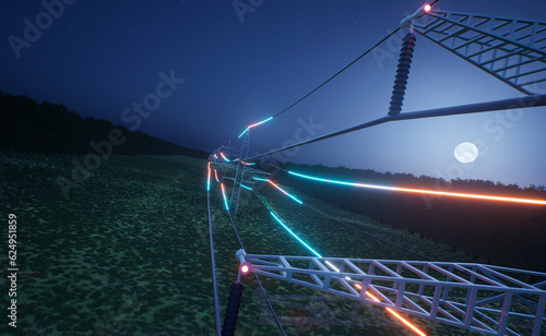 Energy travelling through overhead electric transfer lines suspended on power tower over countryside field. Transmission of electricity in electrical cables over night sky, 3D render animation