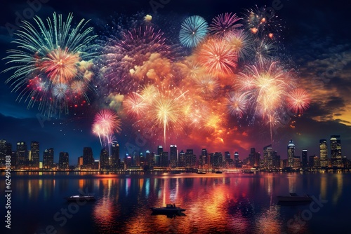 Colorful beautiful fireworks over city at night | Generative AI