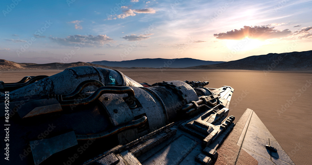 close up on ufo fighter jet is flying low inthe mud desert close up on ufo fighter jet is flying low inthe mud desert