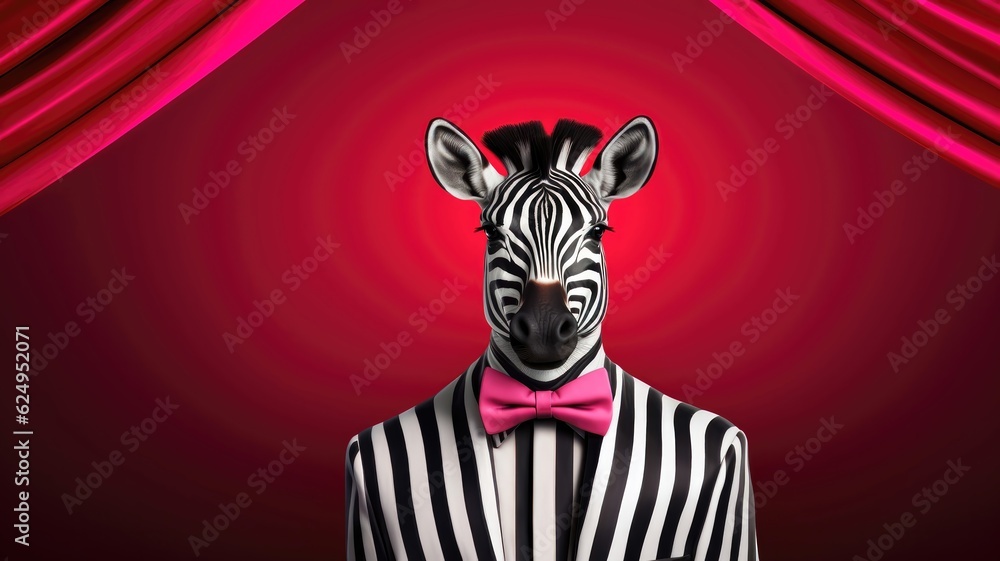 Zebra wearing a vibrant bow tie, 3D cartoon style. Generative AI