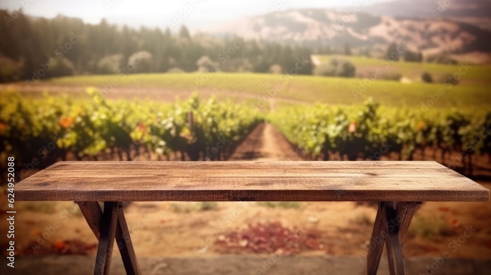 Fototapeta premium An old wooden table in the backdrop of nature. AI generated