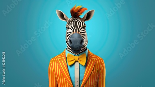 Zebra wearing a vibrant bow tie  3D cartoon style. Generative AI