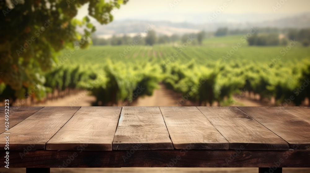Wooden table on a green field background. The mountain landscape. Generative AI Wooden table on a green field background. The mountain landscape. Generative AI
