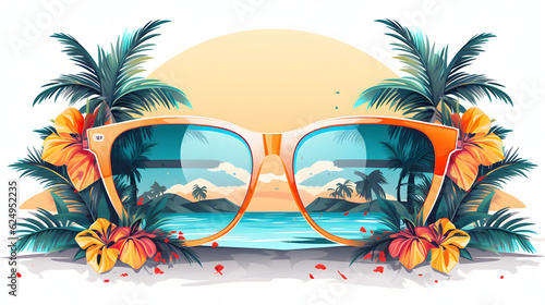 Summer vibe. Vector illustrations of sunglasses, t-shirt print, pattern, resort and landscape for background, poster or flyer
