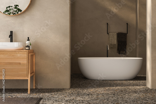 Beige bathroom interior with wooden vanity  bathtub  terrazzo floor