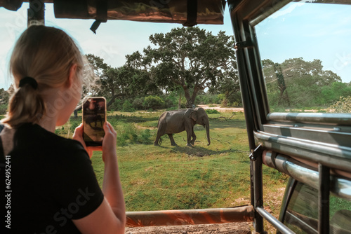 Wildlife safari.Eco travel in the jungle with wild animals elephants.Tropical tourism in the wild life of elephants.Road trip jungle,eco safari.Elephant wild life,safari trip