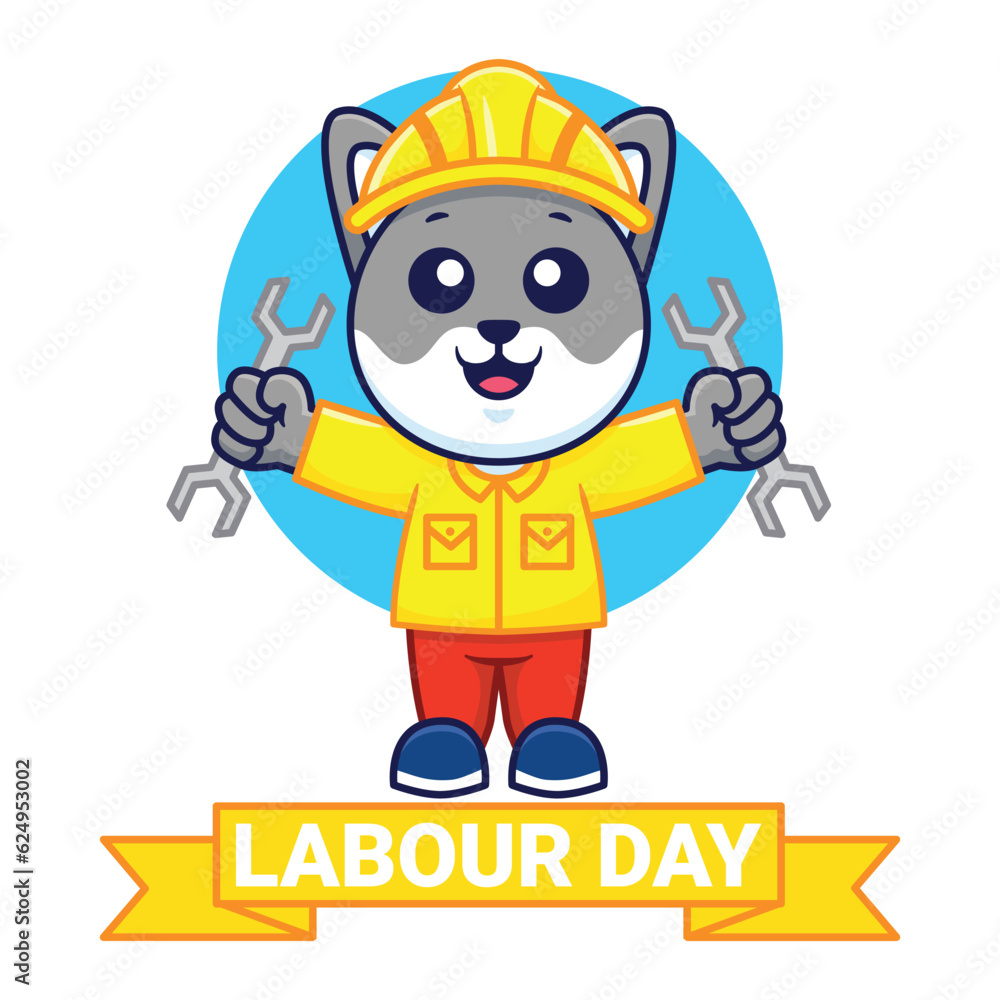 Cute Cat Holding Wrench Labour Day Vector Cartoon Illustration. Animal Work Icon Concept Isolated. Flat Cartoon Style Cute Cat Holding Wrench Labour Day Vector Cartoon Illustration. Animal Work Icon Concept Isolated. Flat Cartoon Style