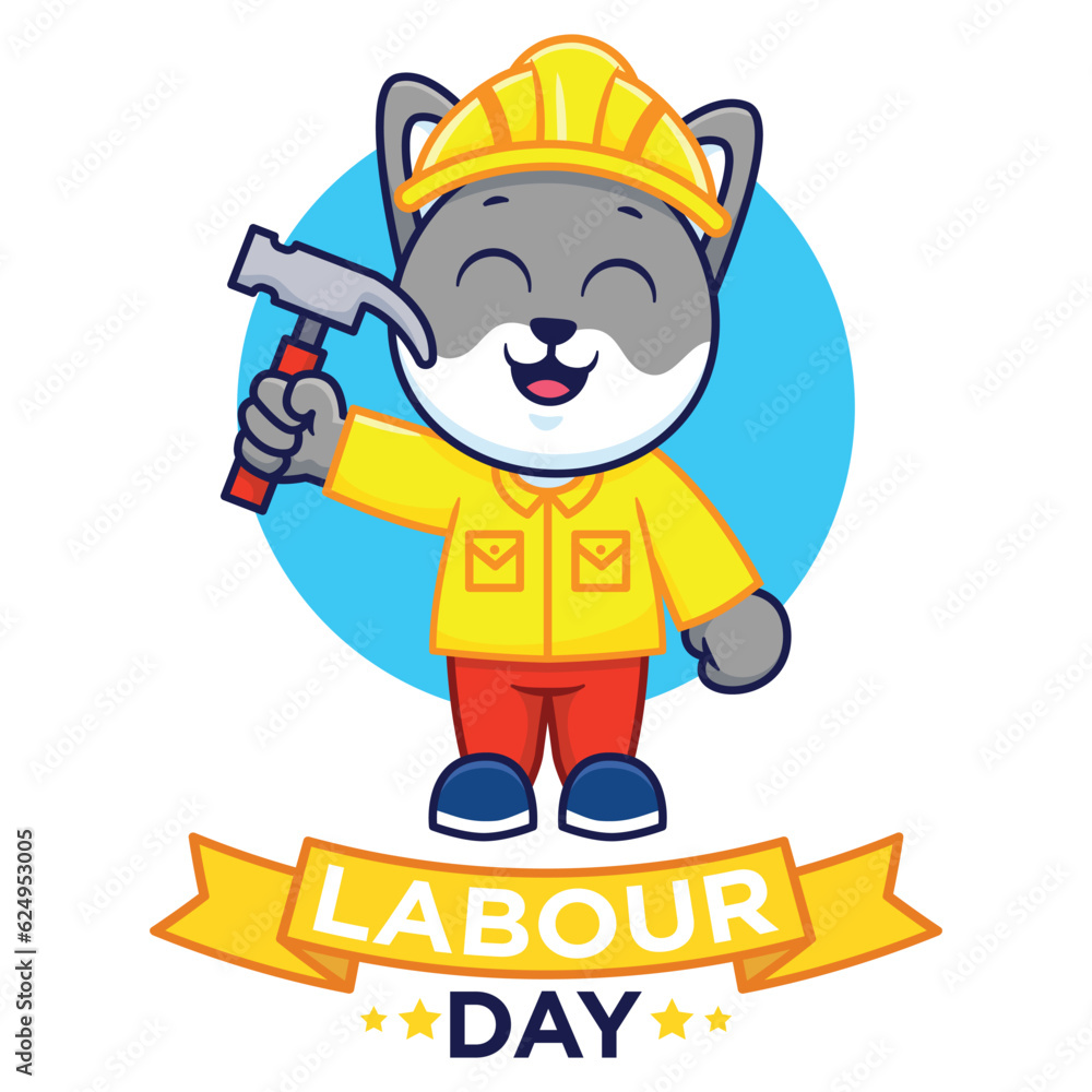 Cute Cat Labour Day Vector Cartoon Illustration. Animal Work Icon