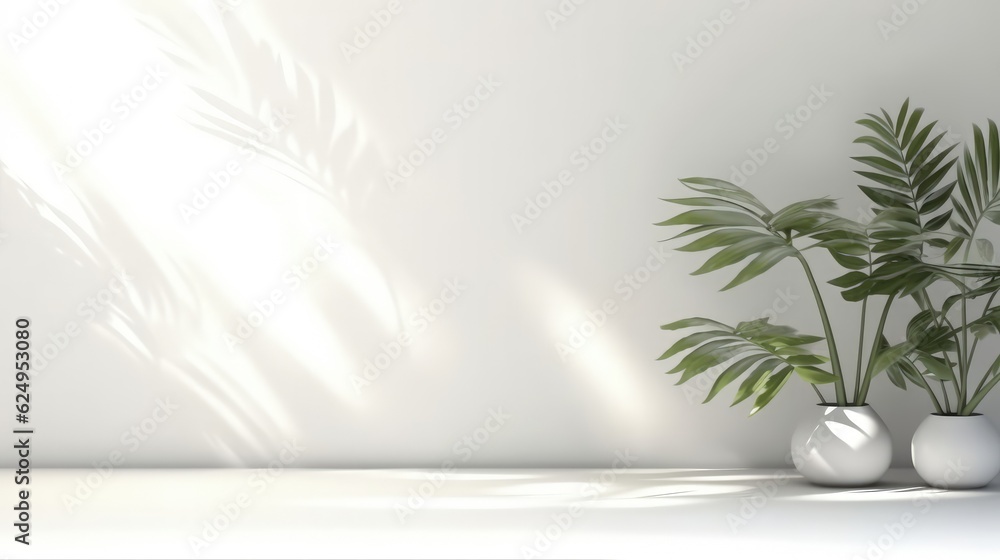 Potted plants against an empty white wall. The shadow of a plant on the wall. Generative AI Potted plants against an empty white wall. The shadow of a plant on the wall. Generative AI