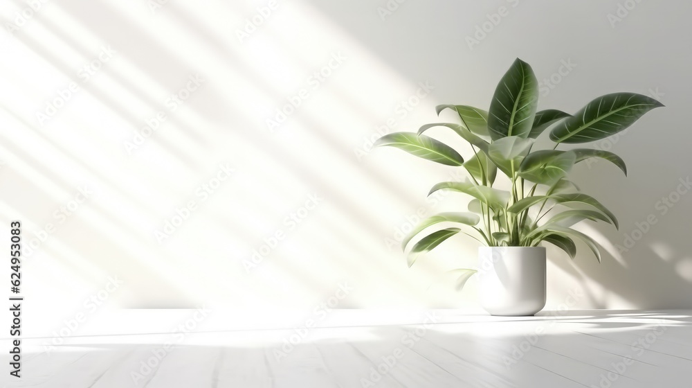 Potted plants against an empty white wall. The shadow of a plant on the wall. Generative AI Potted plants against an empty white wall. The shadow of a plant on the wall. Generative AI