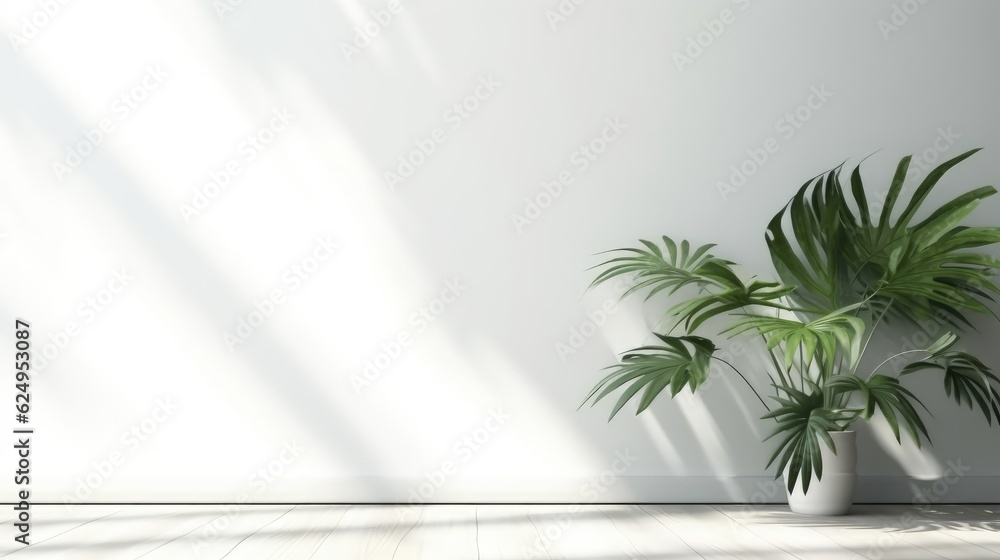 Potted plants against an empty white wall. The shadow of a plant on the wall. Generative AI Potted plants against an empty white wall. The shadow of a plant on the wall. Generative AI