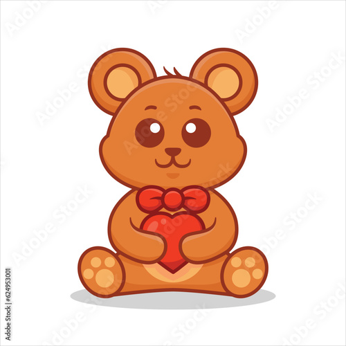 Cute Bear With Bow Tie Holding Heart Cartoon Vector Illustration. Cute Animal Isolated On White Background. Flat Cartoon Style.