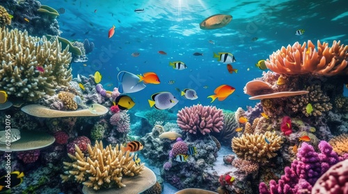 Group of colorful fish and sea animals with colorful coral. Reef with a variety of hard and soft corals and tropical fish. Tropical vacation. Generative AI ©  AKA-RA