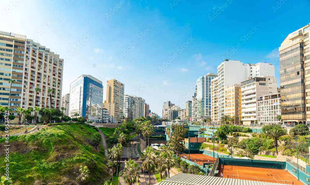 Fototapeta premium Miraflores, Lima, Peru. Urban landscape. View of residential buildings near the Pacific Ocean