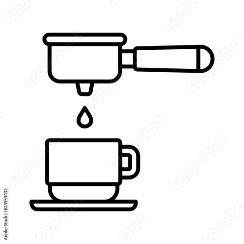 Portafilter, pouring strong coffee in cup. Coffee drop in cup filtering cooping portafilter.