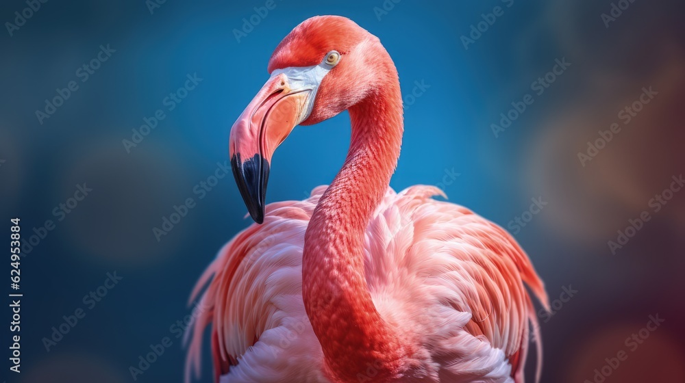 Obraz premium Portrait of a pink flamingo on a blue blurry background, close-up. Tropical bird. Generative AI