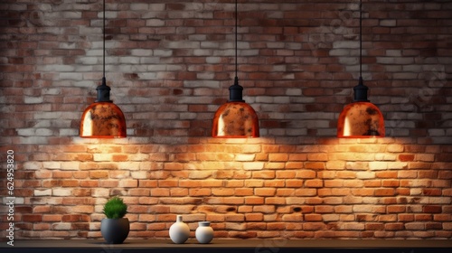 An empty brick wall with hanging lamps. Modern vintage interior design. Generative AI 