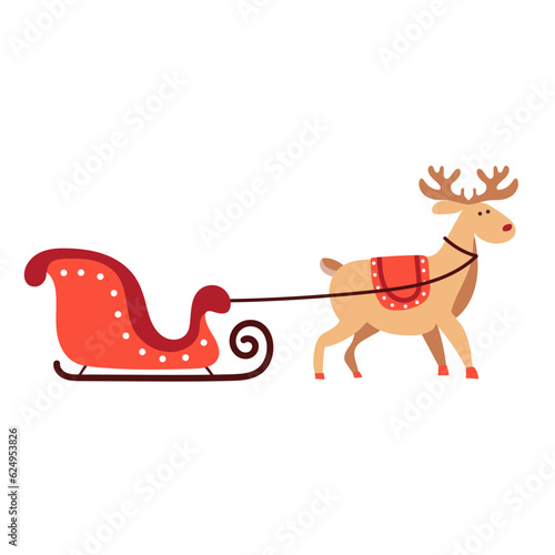 Isolated christmas reindeer sleigh character illustration on white.