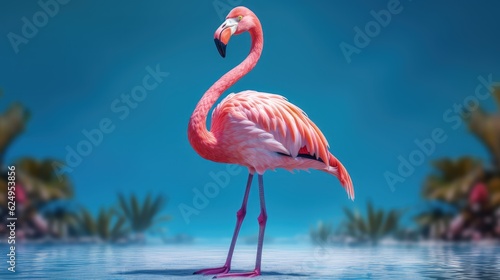 Beautiful flamingos on a blue background. Tropical bird. Generative AI