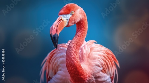 Portrait of a pink flamingo on a blue blurry background, close-up. Tropical bird. Generative AI