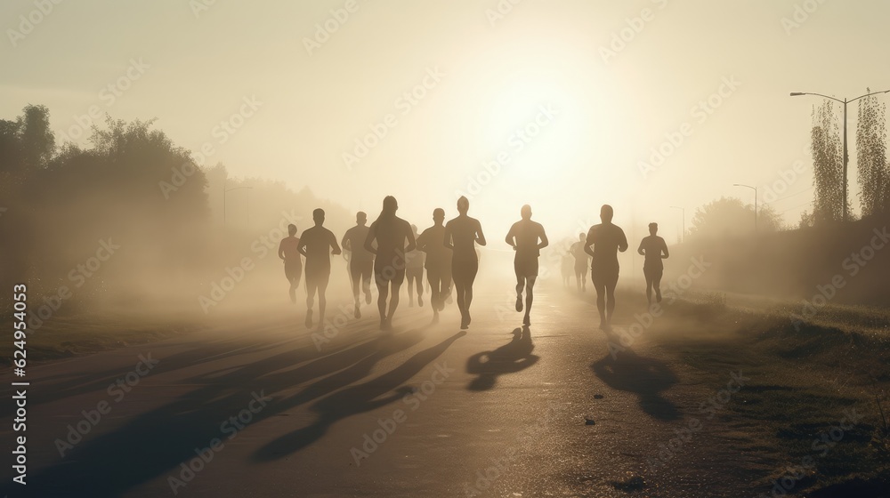 A group of athletes running cross-country trains together on a dirt track. AI Generative A group of athletes running cross-country trains together on a dirt track. AI Generative
