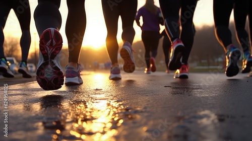 A group of athletes running cross-country trains together on a dirt track. Bottom view, legs only. Generative AI