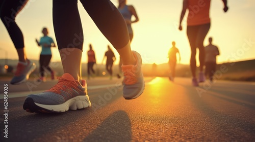 A group of athletes running cross-country trains together on a dirt track. Bottom view, legs only. Generative AI