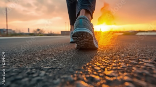 A cross-country athlete trains on a dirt track, evening. Bottom view, legs only. Generative AI