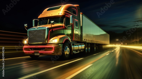 A truck driving on the highway at night, side view. Transportation and delivery concept. Generative AI ©  AKA-RA