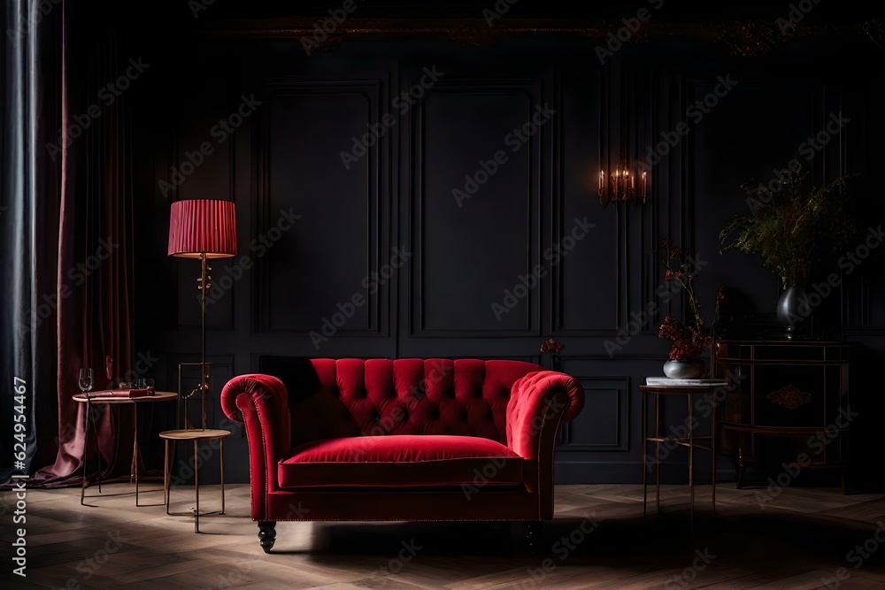 Settle into the elegant dark room with an empty red armchair, offering a moment of tranquility and introspection. Ai generated Settle into the elegant dark room with an empty red armchair, offering a moment of tranquility and introspection. Ai generated
