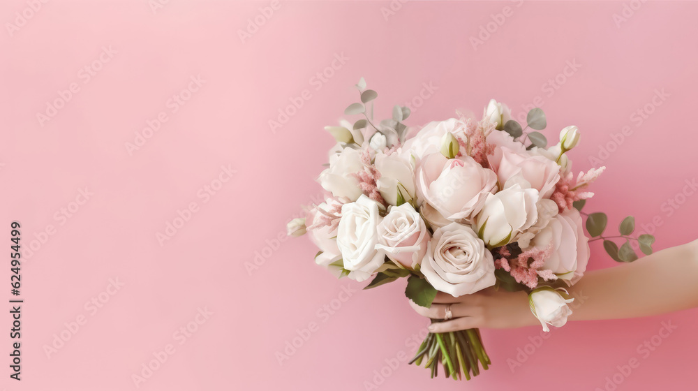 Wedding banner, place for text. Beautiful bridal bouquet of the bride on the pink background. Wedding concept. Generative AI
