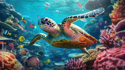A large turtle with a group of colorful fish in the ocean. Tropical animals underwater. Generative AI ©  AKA-RA
