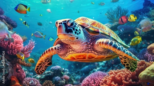 A large turtle with a group of colorful fish in the ocean. Tropical animals underwater. Generative AI ©  AKA-RA