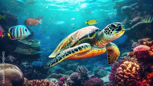 A large turtle with a group of colorful fish in the ocean. Tropical animals underwater. Generative AI