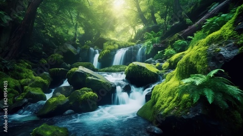 Beautiful mountain tropical waterfall with fast flowing water and rocks. Beautiful landscape. Generative AI ©  AKA-RA