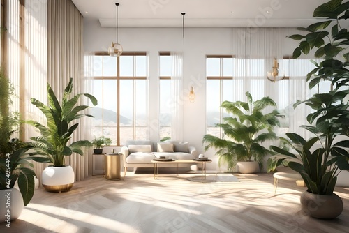 Immerse yourself in the tranquil ambiance of a 3D empty interior with a home plant, a haven of serenity and balance.Ai generated © Deen
