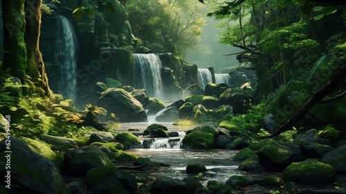 Beautiful mountain tropical waterfall with fast flowing water and rocks. Beautiful landscape. Generative AI