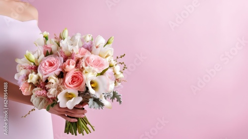 Wedding banner, place for text. Beautiful bridal bouquet of the bride on the pink background. Wedding concept. Generative AI ©  AKA-RA