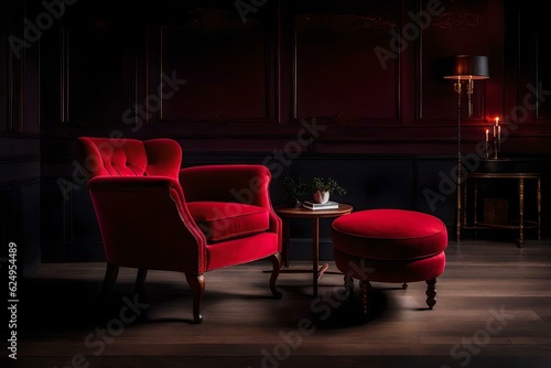 Settle into the elegant dark room with an empty red armchair, offering a moment of tranquility and introspection. Ai generated © Muhammad