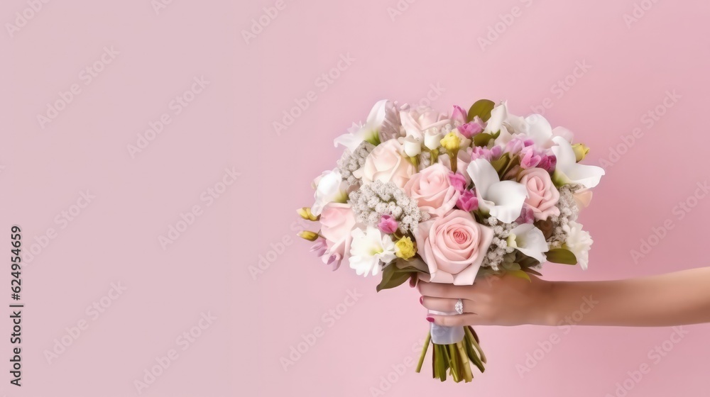 Wedding banner, place for text. Beautiful bridal bouquet of the bride on the pink background. Wedding concept. Generative AI